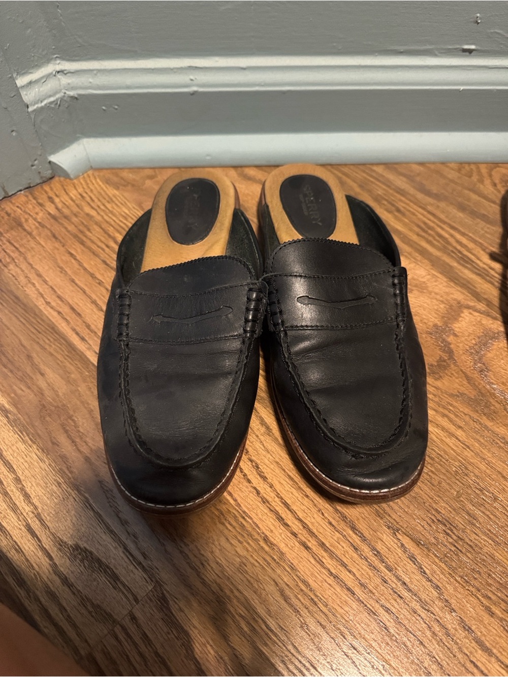 Sperry Black Leather Slip-On Penny Loafer Mules with Tan Insole